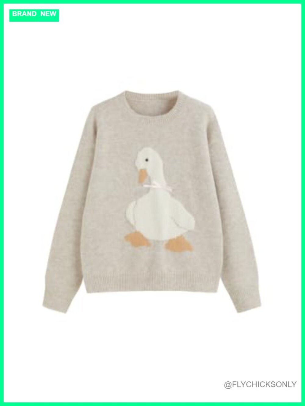 Oversized Wool Blend Pullover Sweater with Duck Graphic Crew Neck Long Sleeve